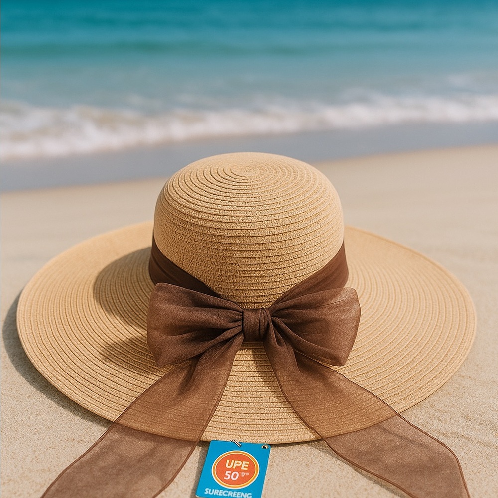 Tan and Brown Wide-Brimmed Sun Hat with Ribbon Accents